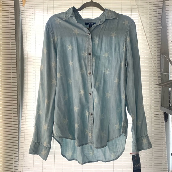 Chaps Blue/White Star Print Chambray Button Down Dress Shirt. Size L. - Picture 2 of 5